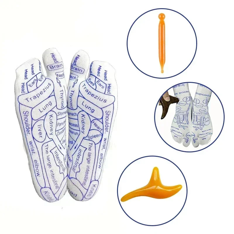White reflexology socks with blue organ labels, shown with yellow massage tools, relaxed fit.