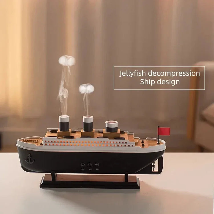 Ship-shaped humidifier with black and white body, wood accents, and steam emitting from smokestacks