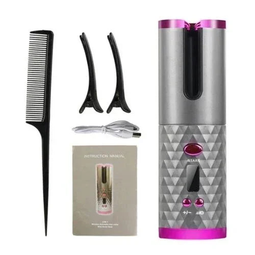 Automatic hair curler set with silver and pink finish, black comb, two hair clips, USB charging cable, and instruction manual