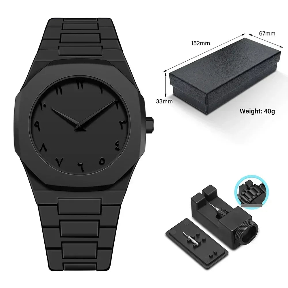 Matte black minimalist watch with Arabic numerals, metal link band, and box set.