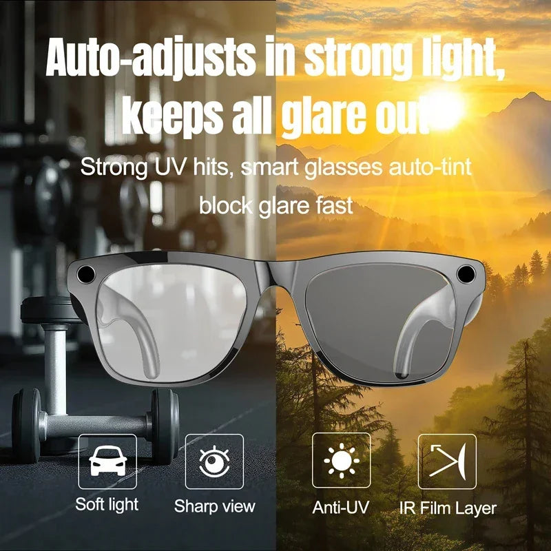Smart photochromic sunglasses with gray frame, auto-tint lenses, UV protection, and glare reduction
