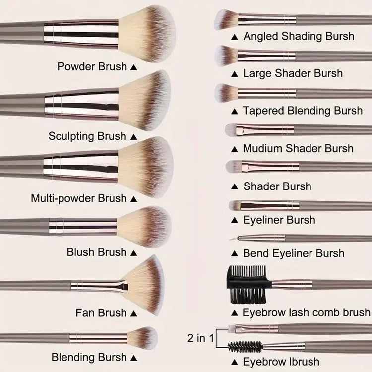 Assorted makeup brushes set with soft bristles, including powder, blush, fan, and shader brushes.