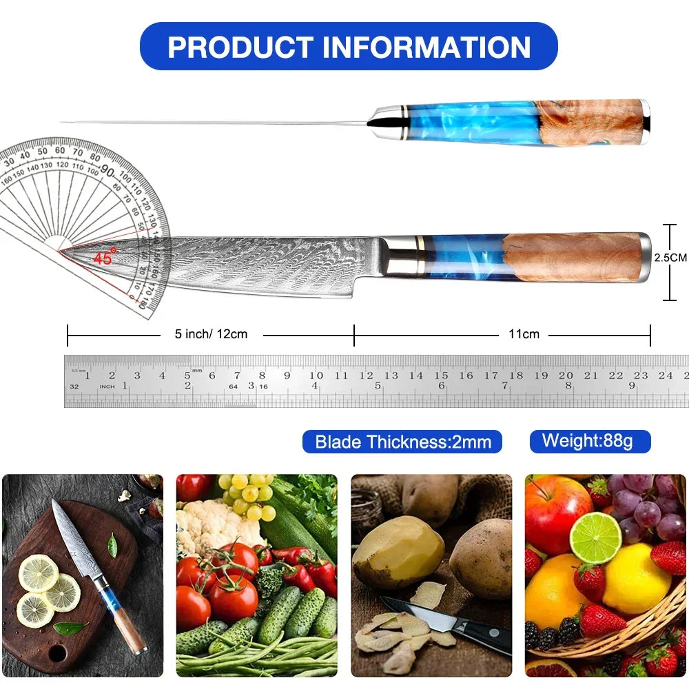 5-inch Damascus steel kitchen knife with blue and wood handle, 2mm blade, for food prep