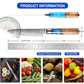 5-inch Damascus steel kitchen knife with blue and wood handle, 2mm blade, for food prep