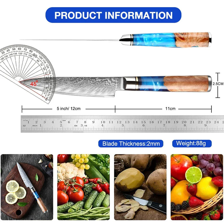 5-inch Damascus steel kitchen knife with blue and wood handle, 2mm blade, for food prep