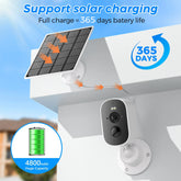 Outdoor wireless security camera with black and white body, solar panel charger, modern design