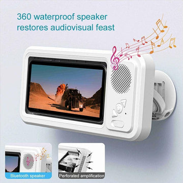 White waterproof wall-mounted Bluetooth speaker and phone holder with audiovisual display.
