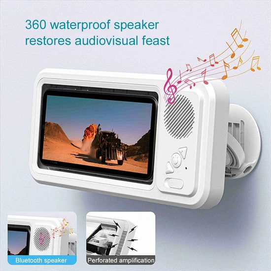 White waterproof wall-mounted Bluetooth speaker and phone holder with audiovisual display.