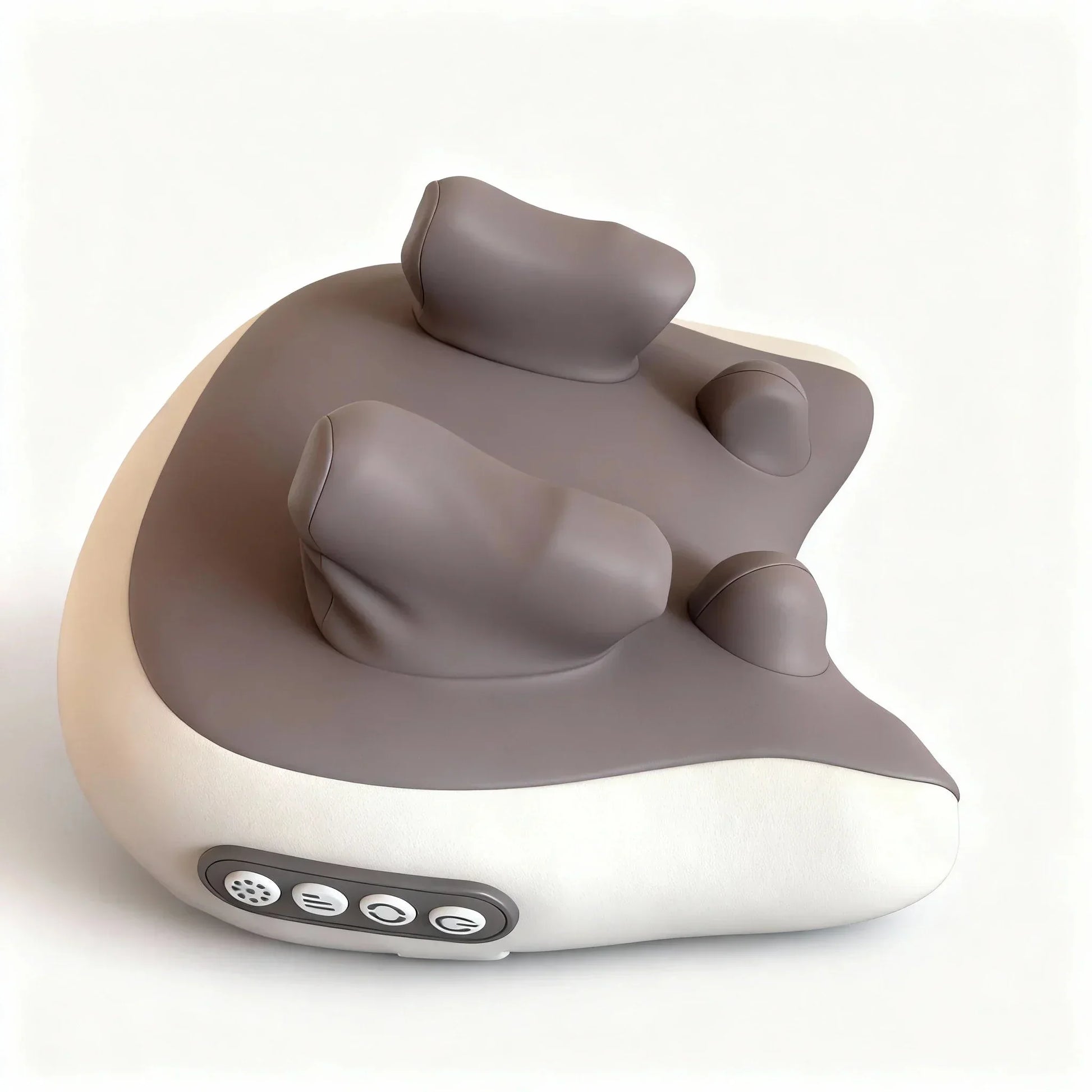 Ergonomic gray and white massage pillow with contoured nodes and control buttons