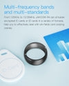Close-up of a black NFC smart ring with a smooth, rounded design, used for contactless communication and data sharing.
