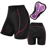Black padded cycling shorts with pink stitching, moisture-wicking fabric, and ergonomic fit