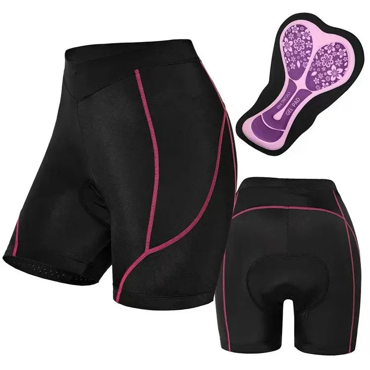 Black padded cycling shorts with pink stitching, moisture-wicking fabric, and ergonomic fit