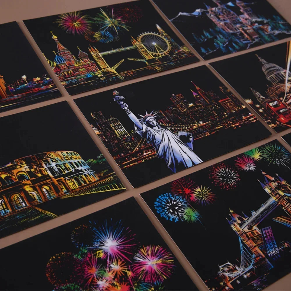 Colorful cityscape prints featuring famous landmarks and fireworks on black backgrounds.