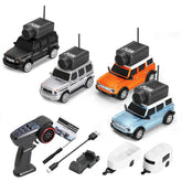 Set of mini remote control SUV cars in black, silver, orange, and blue with camera modules, accessories, and trailer attachments.