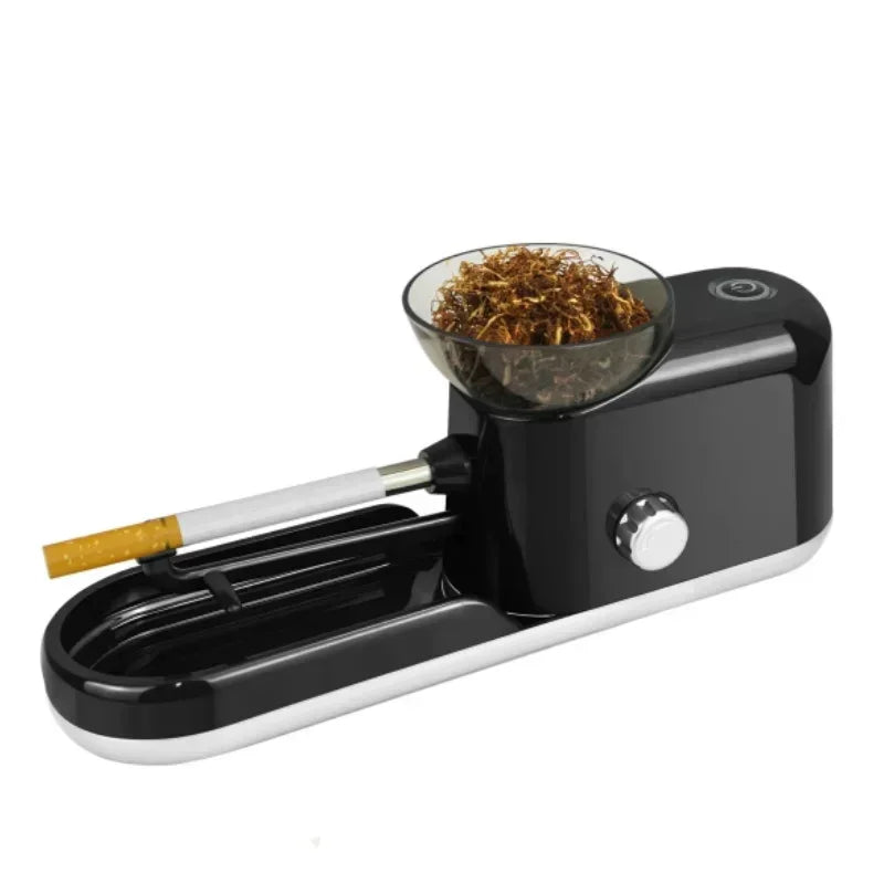 Electric cigarette rolling machine with black and silver finish, filled with loose tobacco.