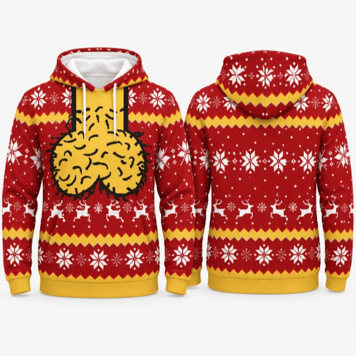 Front and back views of red adult humor Christmas hoodie
