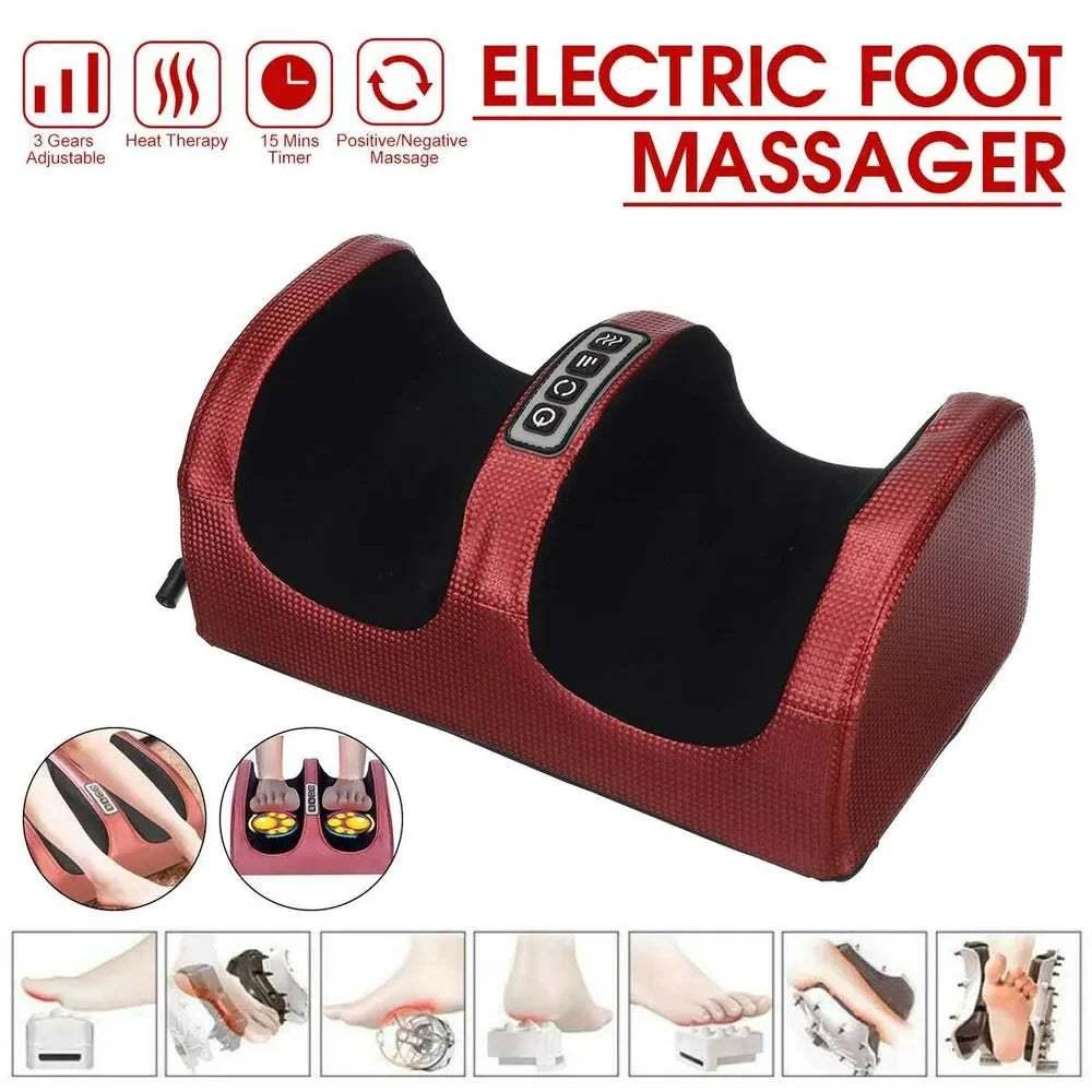 Red electric foot massager with textured finish and black padded interior, featuring control buttons and illustrated massage functions.