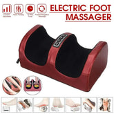 Red electric foot massager with textured finish and black padded interior, featuring control buttons and illustrated massage functions.
