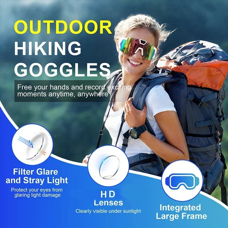 Woman wearing mirrored hiking goggles and a fitted white t-shirt, carrying a large backpack outdoors.