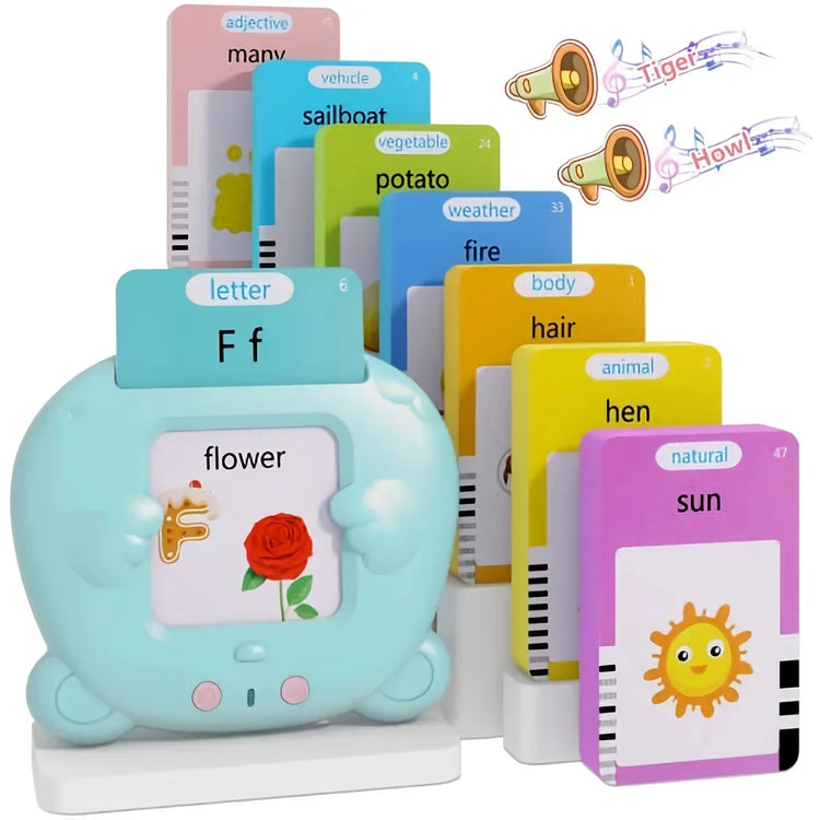 Assorted colorful educational flashcards in a light blue plastic card reader for kids.
