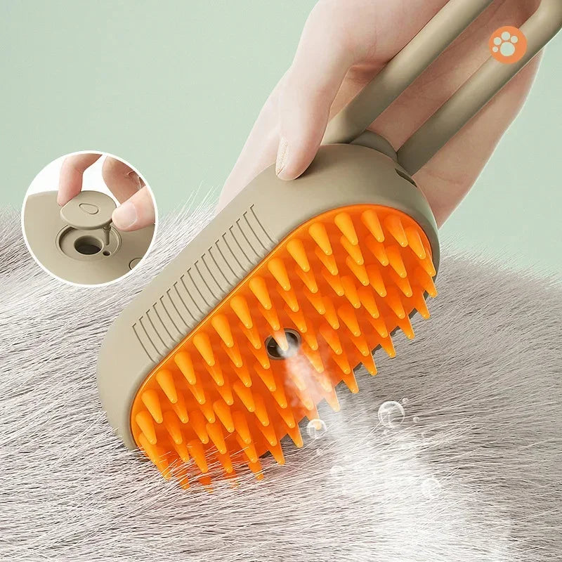 Beige and orange silicone pet grooming brush with water spray used on gray fur