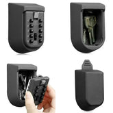 Black wall-mounted key lock box with a combination keypad, secure and compact metal design.