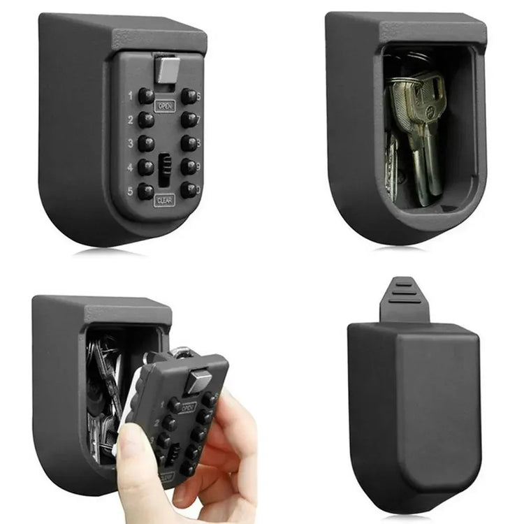 Black wall-mounted key lock box with a combination keypad, secure and compact metal design.