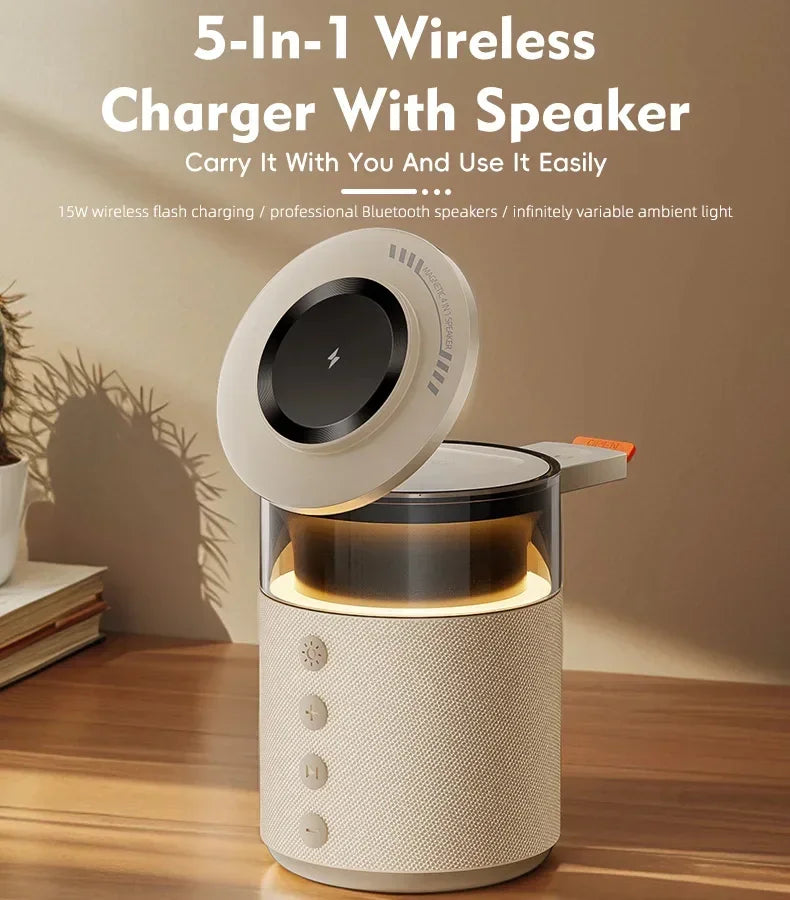 Modern beige 5-in-1 wireless charger and Bluetooth speaker with fabric texture, ambient light, on a wooden table.