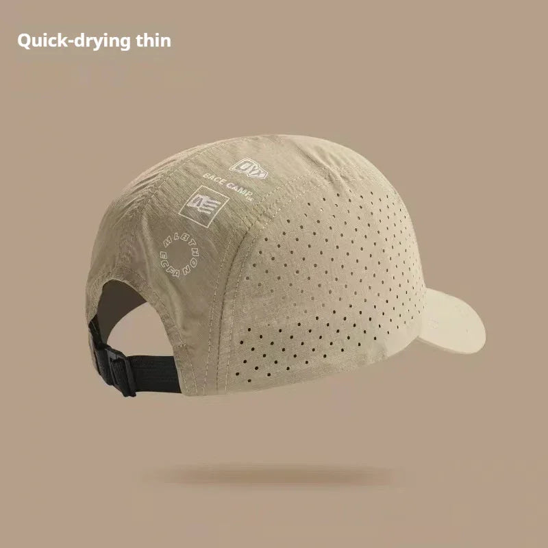 Beige quick-dry perforated cap with adjustable strap, lightweight streetwear accessory