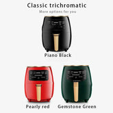 Three modern air fryers in black, red, and green with gold handles, digital displays, and sleek design.