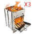 Portable stainless steel wood burning grill with skewers and active flames, compact outdoor stove.