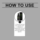 Instructions for using herbal delay spray, showing product bottle and usage steps on gray background.