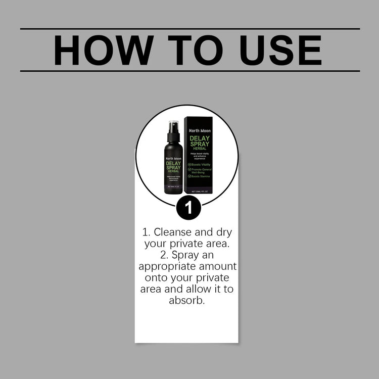 Instructions for using herbal delay spray, showing product bottle and usage steps on gray background.