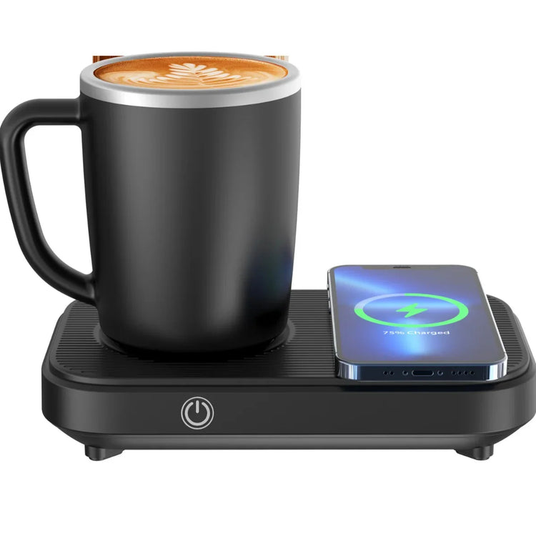 Black ceramic coffee mug and smartphone on a sleek wireless charging and mug warmer station