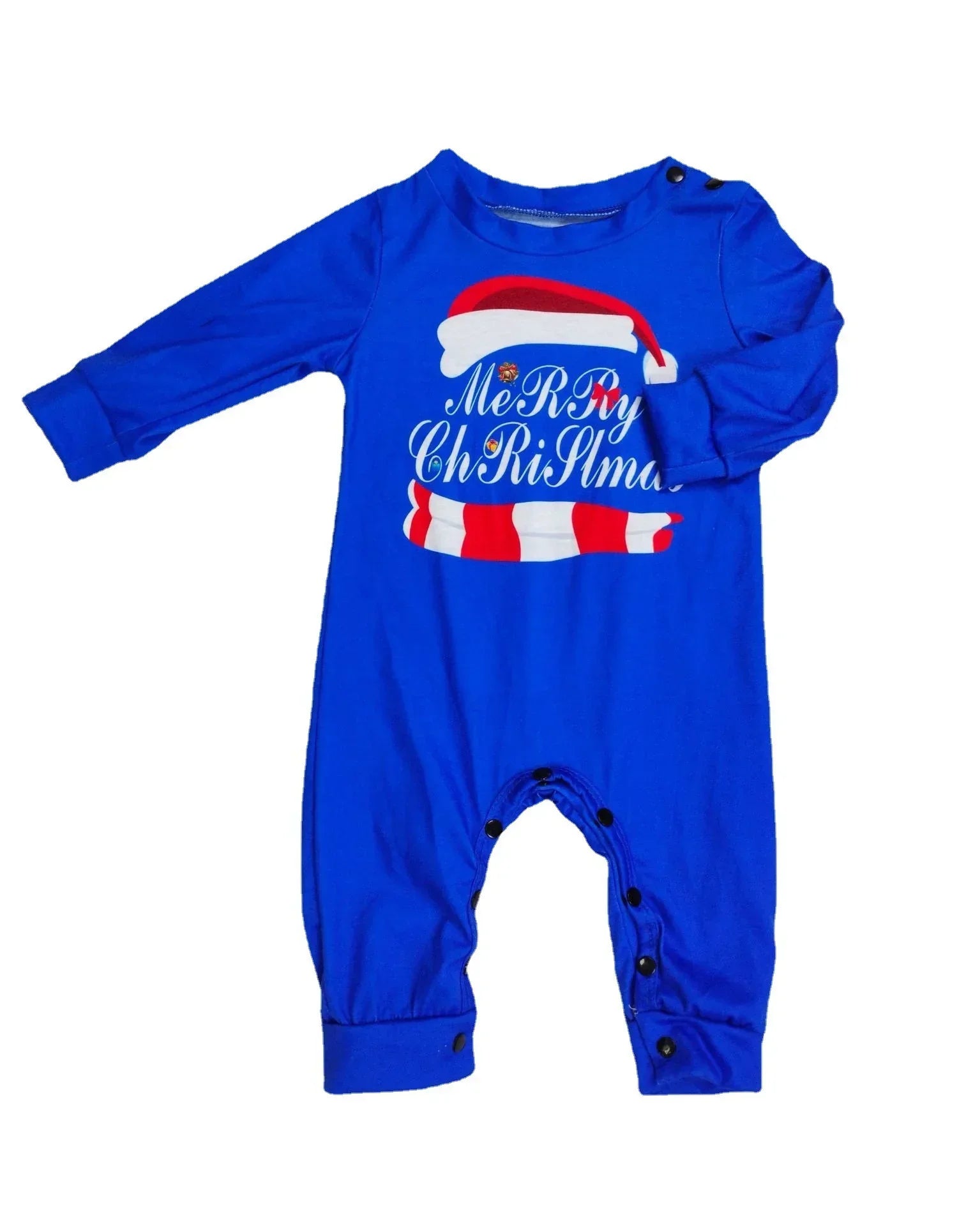Blue cotton baby romper with long sleeves, festive Christmas graphic, and snap buttons.