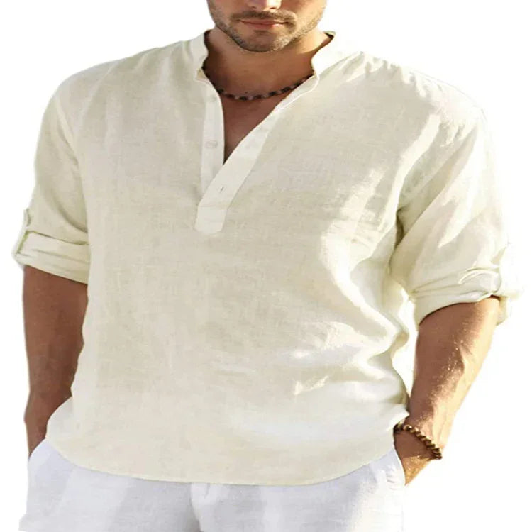 Men’s casual loose-fit cream linen shirt with rolled sleeves and split neckline