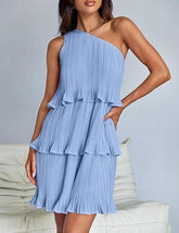 Light blue pleated one-shoulder mini dress with layered ruffle details, relaxed fit