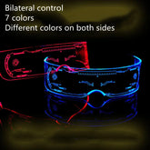 Futuristic LED light-up visor glasses in red and blue colors, techwear accessory, unisex fit