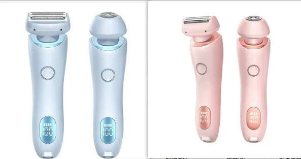 Set of blue and pink electric shavers with rounded heads, ergonomic handles, and LED displays.