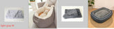 Soft light gray and dark gray plush pet beds in rectangular and oval shapes with cozy padding.