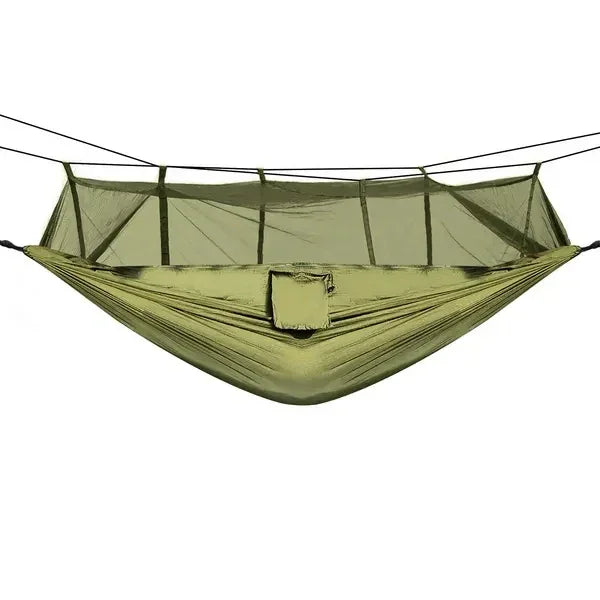 Olive green lightweight nylon hammock with built-in mesh canopy, ideal for outdoor camping.