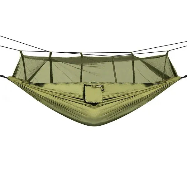 Olive green lightweight nylon hammock with built-in mesh canopy, ideal for outdoor camping.