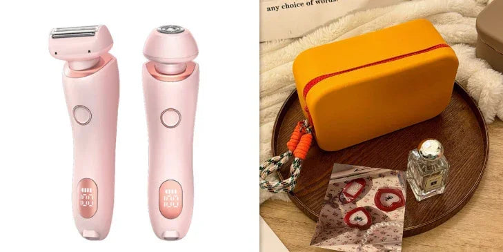 Pink electric shaver and facial cleansing device with orange travel case and accessories