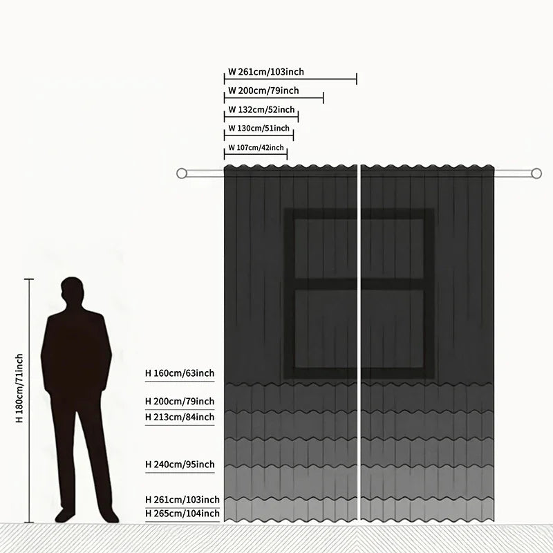 Black sheer curtains size guide with height and width dimensions beside silhouette for scale