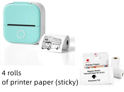 Compact mint green portable thermal printer with four rolls of sticky printer paper.