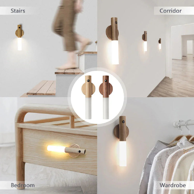 Modern wood and acrylic wall sconce lighting in stairs, corridor, bedroom, and wardrobe settings