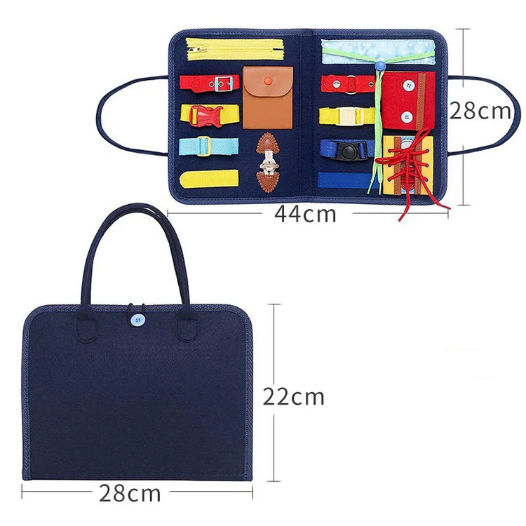 Navy blue felt activity bag with colorful buckles, zippers, laces, and straps, 44x28cm when open.