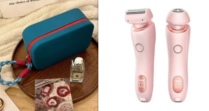 Pink electric shaver and facial device set with teal zippered travel case on tray