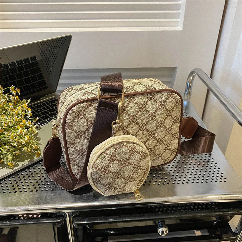 Beige and brown patterned crossbody bag with matching coin pouch and adjustable strap