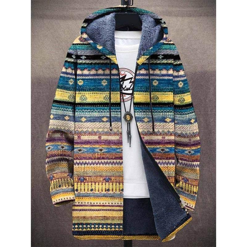 Colorful patterned fleece-lined hooded jacket with relaxed fit and drawstring hood